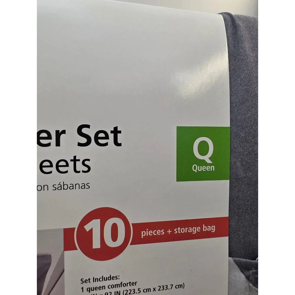 Mainstays Queen Comforter Set 10 Piece Grey White Geometric Sheets Pillow Set